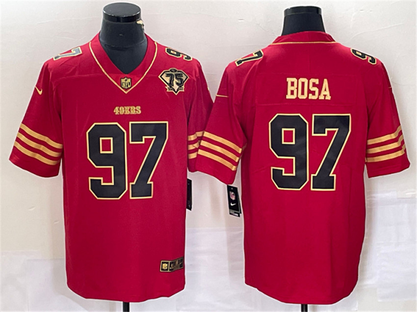 Men's Red Gold San Francisco 49ers #97 Nick Bosa With 75th Anniversary Patch Stitched Jersey